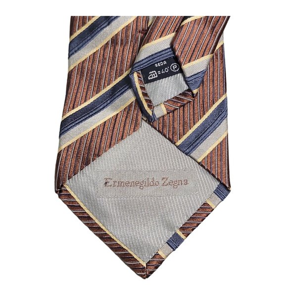 Ermenegildo Zenga Brown with Black, Grey & Gold Diagonal Stripes Silk Tie - Picture 2 of 4